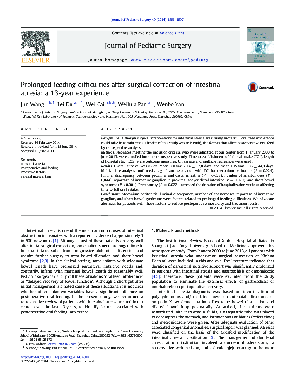 Prolonged feeding difficulties after surgical correction of intestinal atresia: a 13-year experience