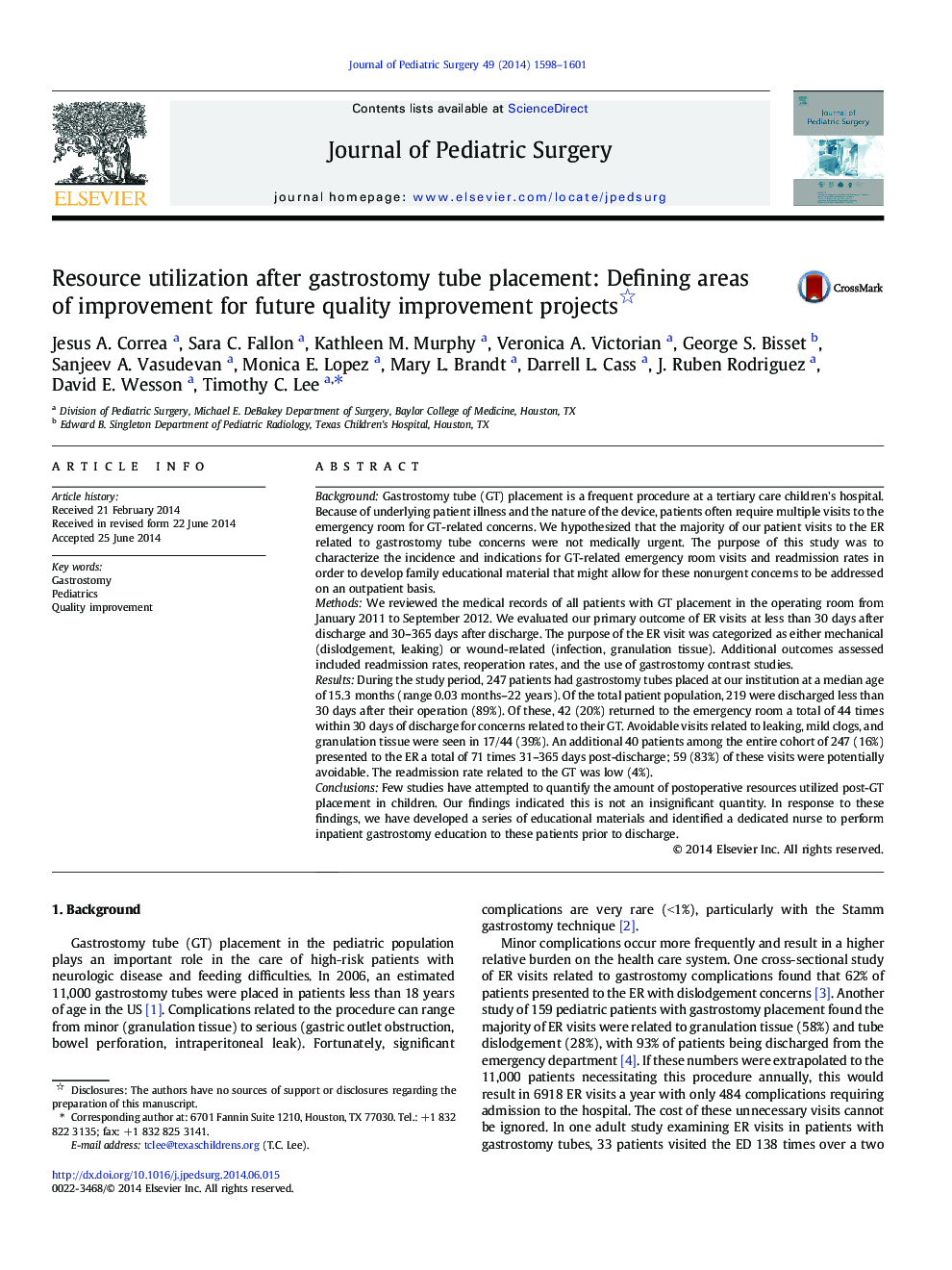 Resource utilization after gastrostomy tube placement: Defining areas of improvement for future quality improvement projects 