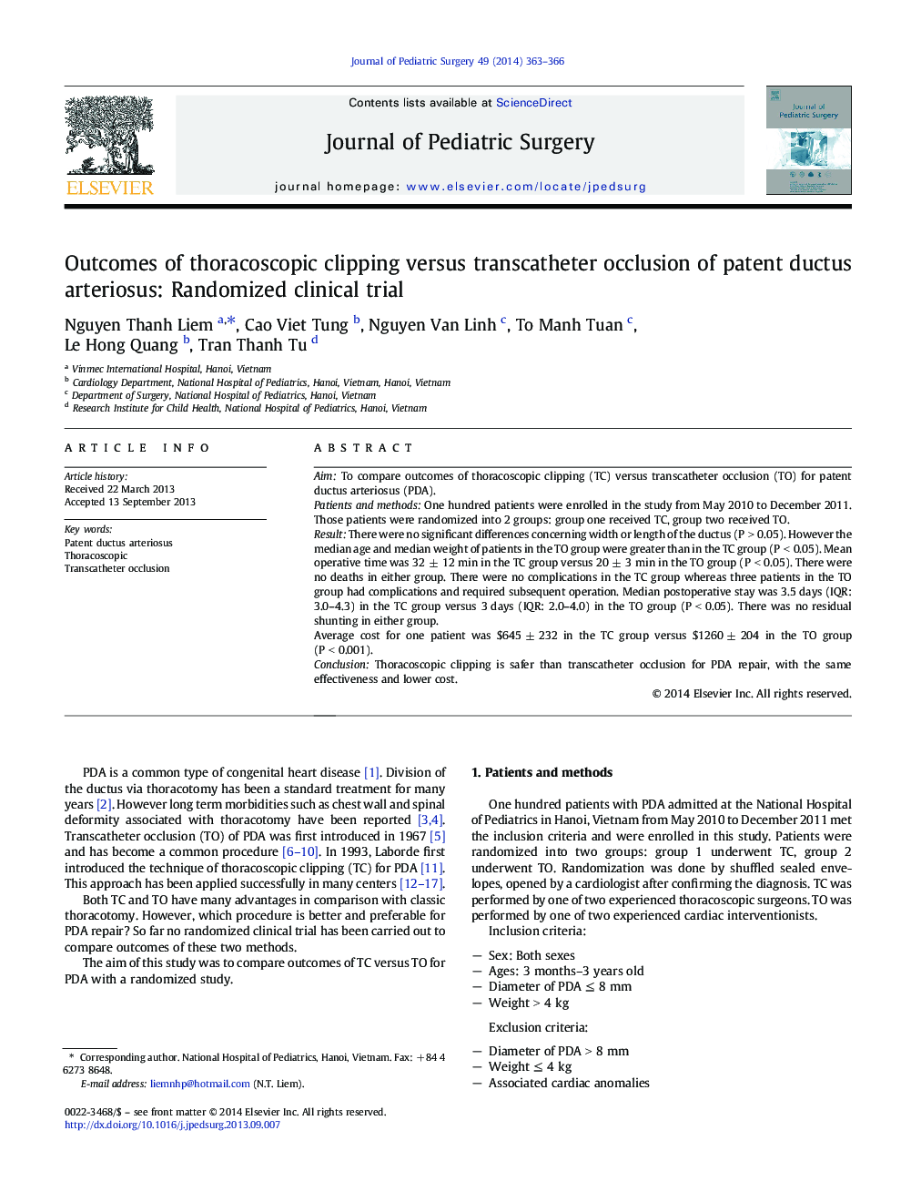 Outcomes of thoracoscopic clipping versus transcatheter occlusion of patent ductus arteriosus: Randomized clinical trial