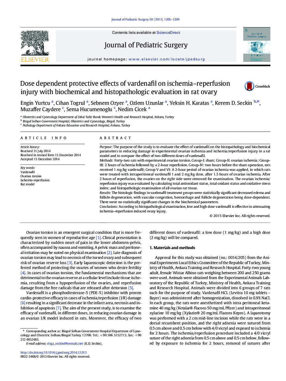 Dose dependent protective effects of vardenafil on ischemia–reperfusion injury with biochemical and histopathologic evaluation in rat ovary