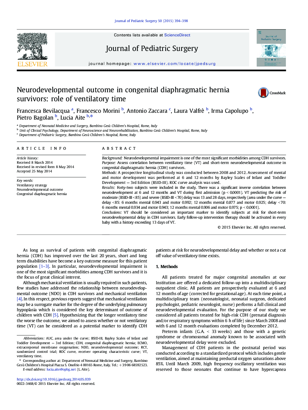 Neurodevelopmental outcome in congenital diaphragmatic hernia survivors: role of ventilatory time