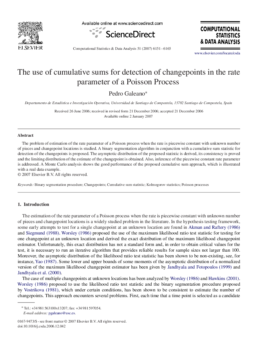 The use of cumulative sums for detection of changepoints in the rate parameter of a Poisson Process