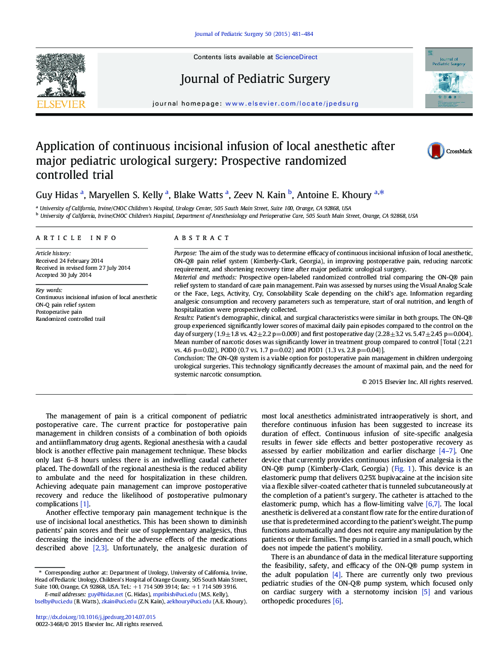 Application of continuous incisional infusion of local anesthetic after major pediatric urological surgery: Prospective randomized controlled trial