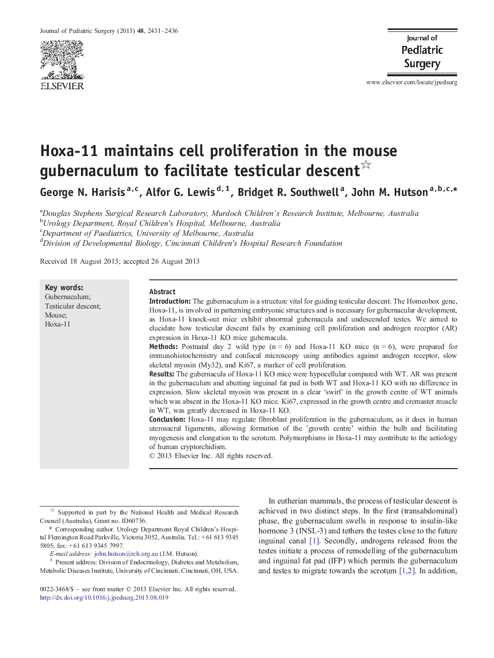 Hoxa-11 maintains cell proliferation in the mouse gubernaculum to facilitate testicular descent 