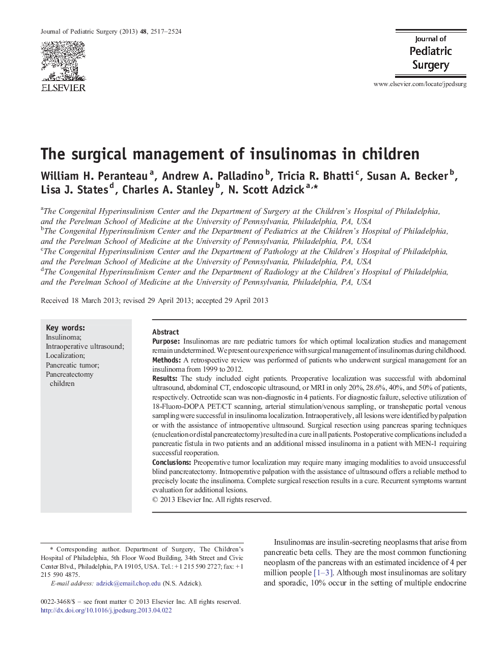 The surgical management of insulinomas in children