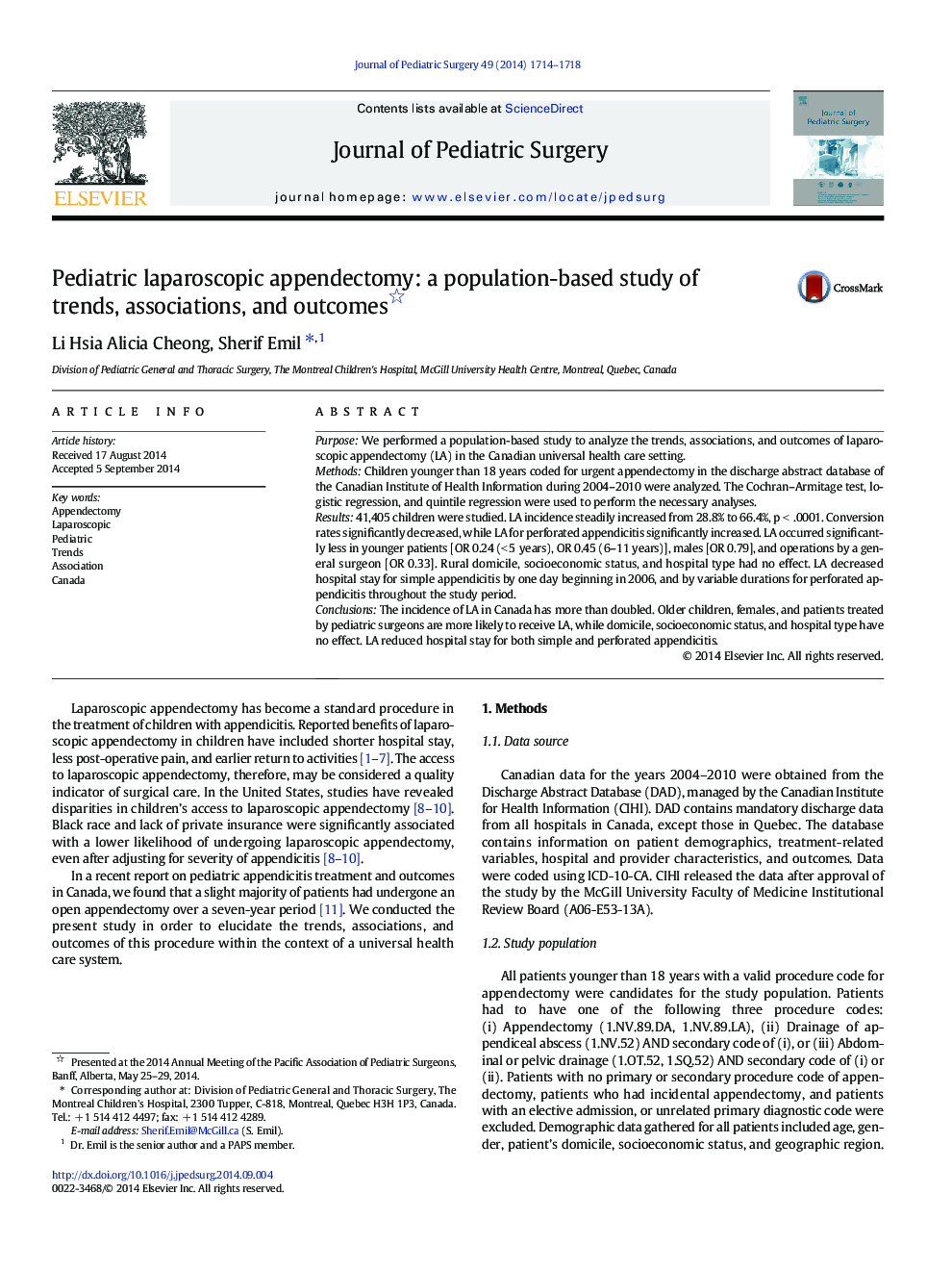 Pediatric laparoscopic appendectomy: a population-based study of trends, associations, and outcomes 