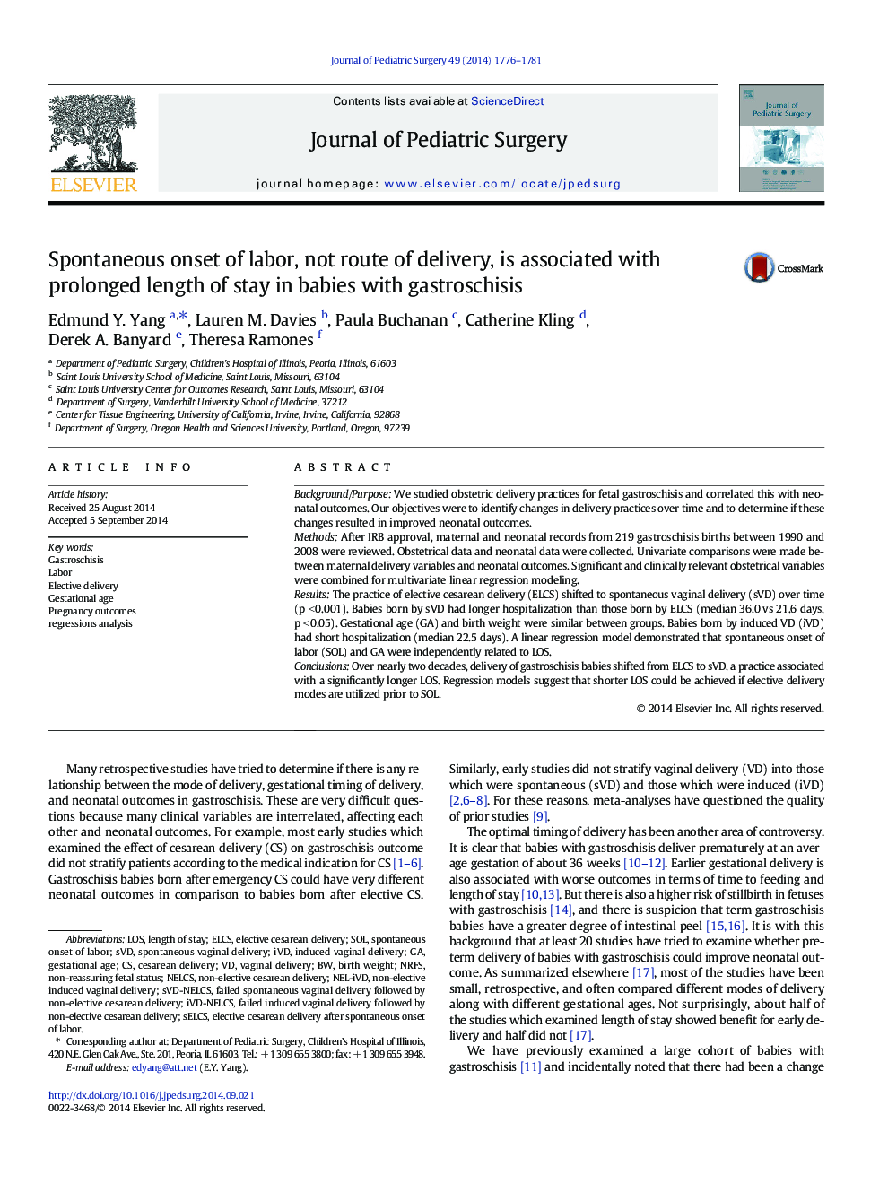 Spontaneous onset of labor, not route of delivery, is associated with prolonged length of stay in babies with gastroschisis