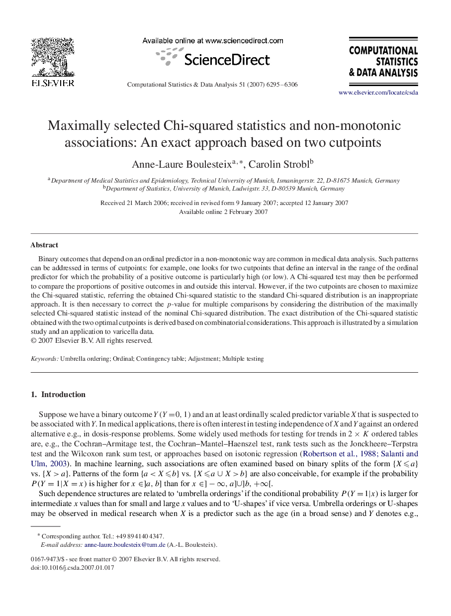 Maximally selected Chi-squared statistics and non-monotonic associations: An exact approach based on two cutpoints