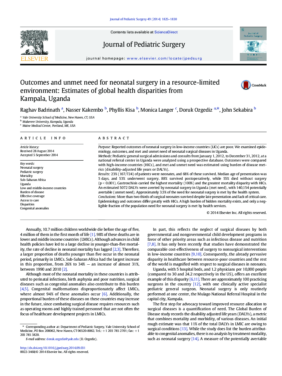 Outcomes and unmet need for neonatal surgery in a resource-limited environment: Estimates of global health disparities from Kampala, Uganda