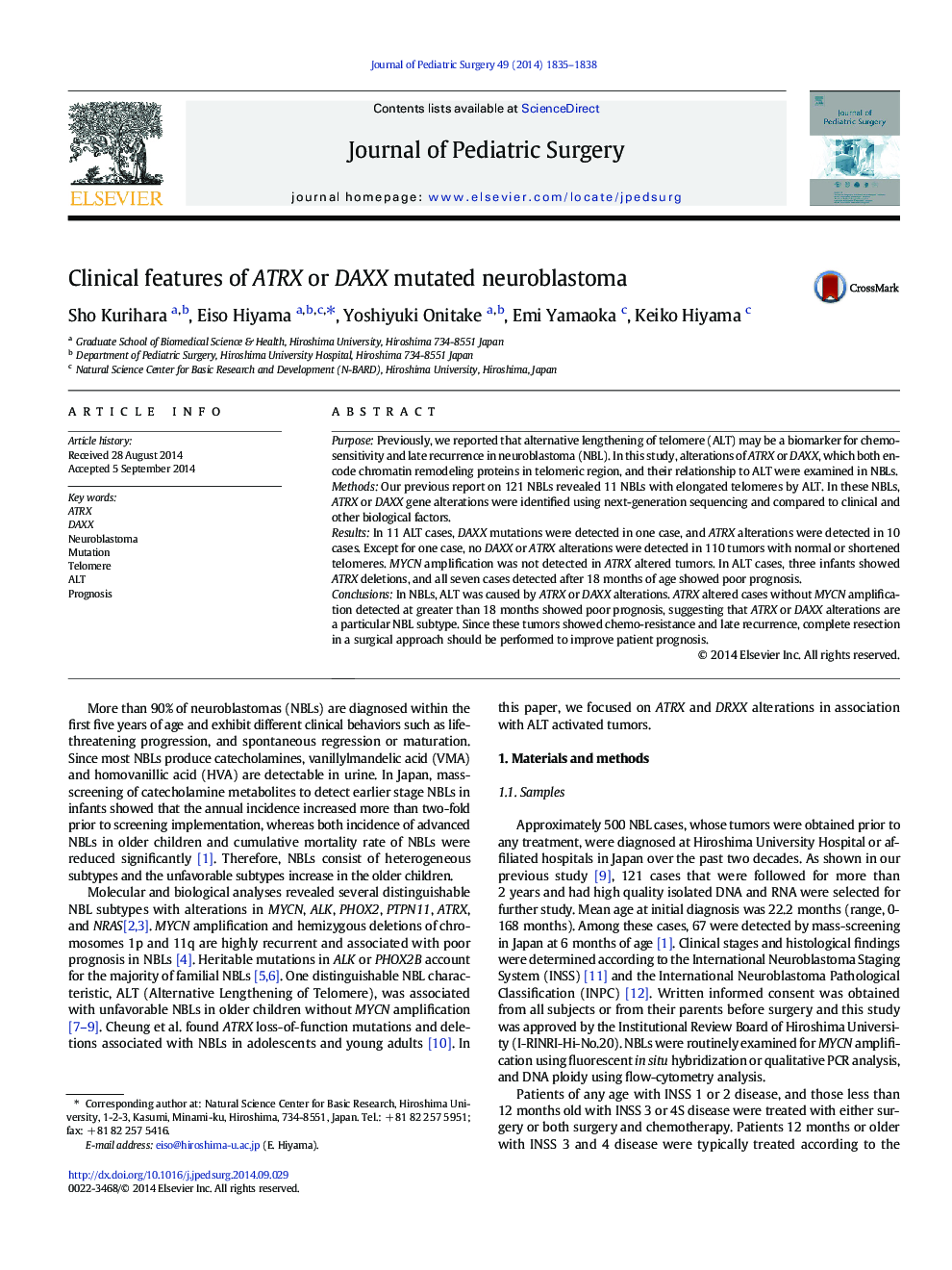 Clinical features of ATRX or DAXX mutated neuroblastoma