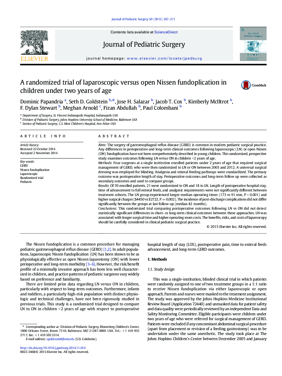 A randomized trial of laparoscopic versus open Nissen fundoplication in children under two years of age