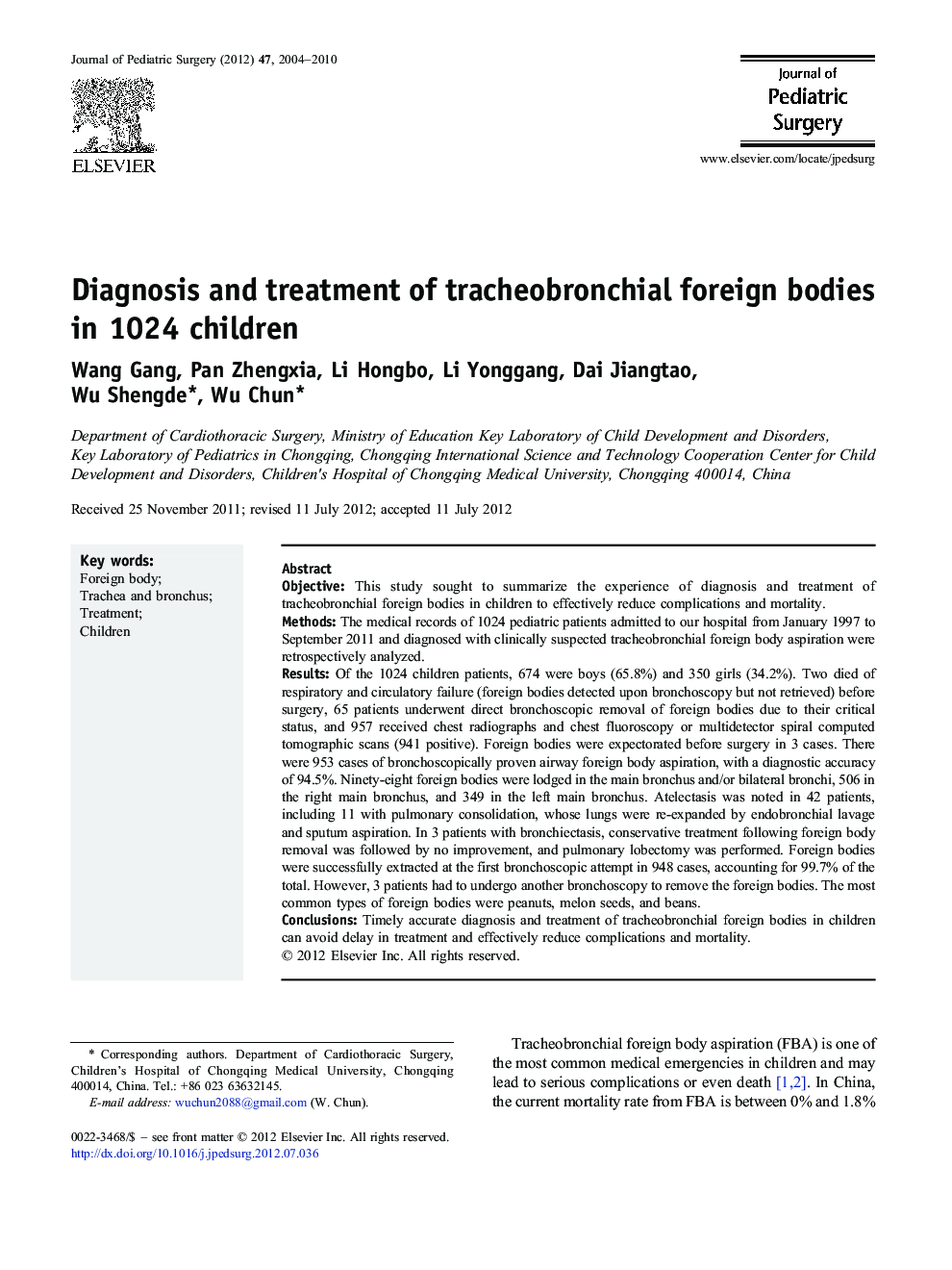 Diagnosis and treatment of tracheobronchial foreign bodies in 1024 children