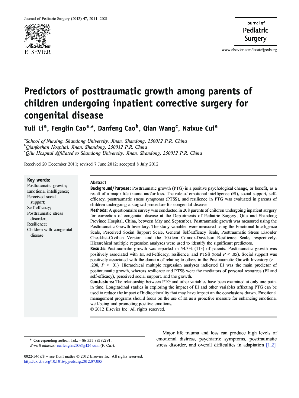 Predictors of posttraumatic growth among parents of children undergoing inpatient corrective surgery for congenital disease