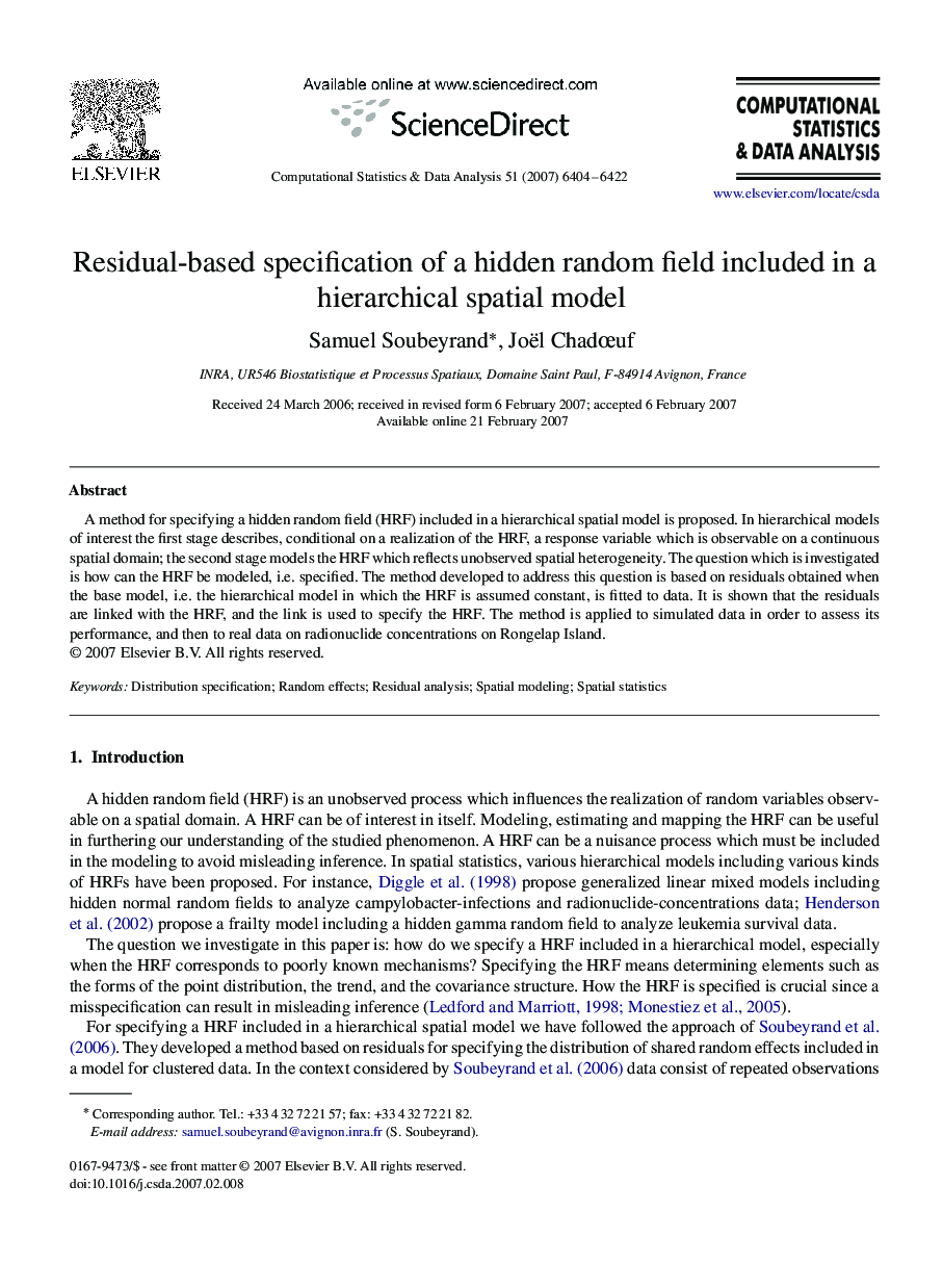 Residual-based specification of a hidden random field included in a hierarchical spatial model