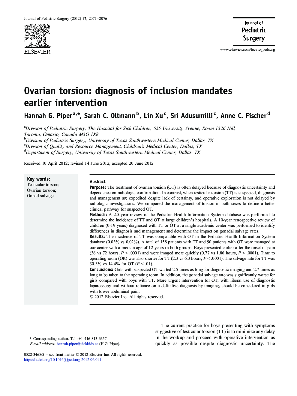 Ovarian torsion: diagnosis of inclusion mandates earlier intervention