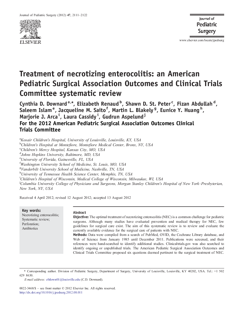 Treatment of necrotizing enterocolitis: an American Pediatric Surgical Association Outcomes and Clinical Trials Committee systematic review