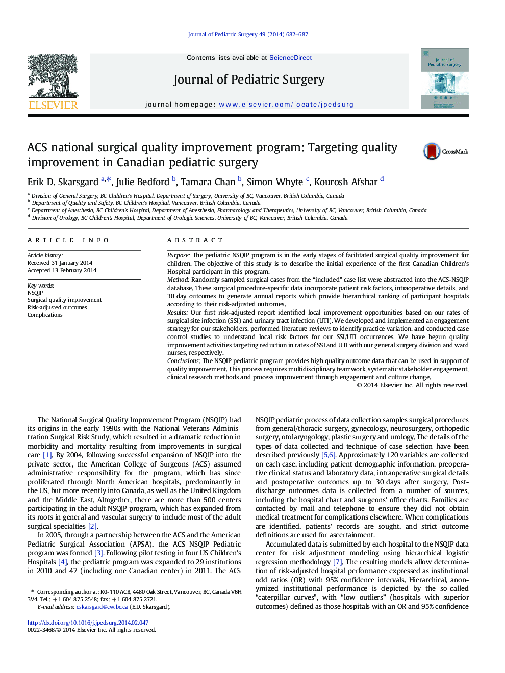 ACS national surgical quality improvement program: Targeting quality improvement in Canadian pediatric surgery