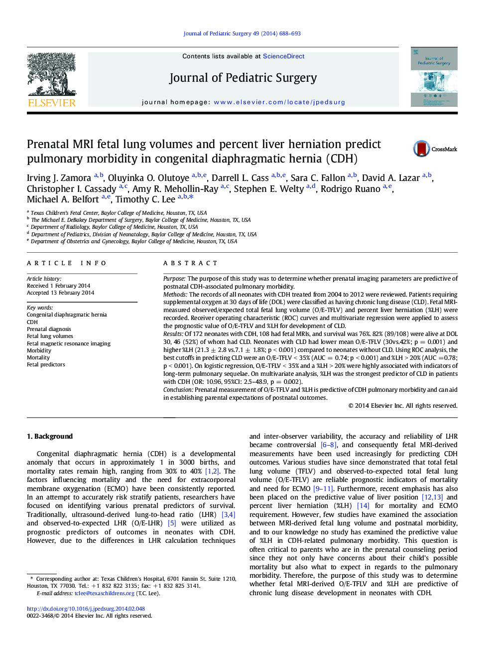 Prenatal MRI fetal lung volumes and percent liver herniation predict pulmonary morbidity in congenital diaphragmatic hernia (CDH)