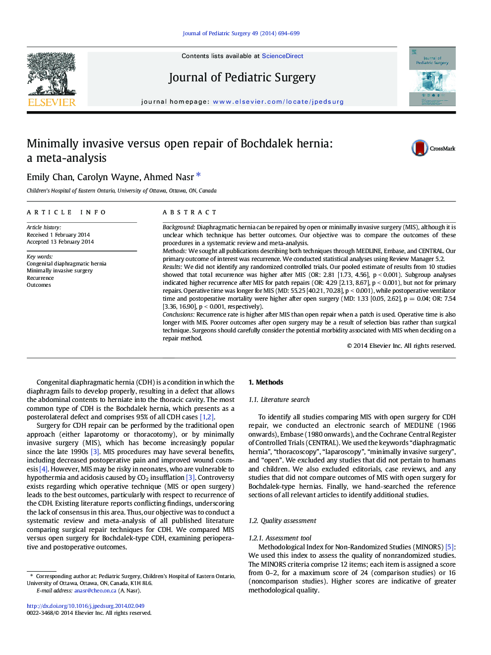 Minimally invasive versus open repair of Bochdalek hernia: a meta-analysis