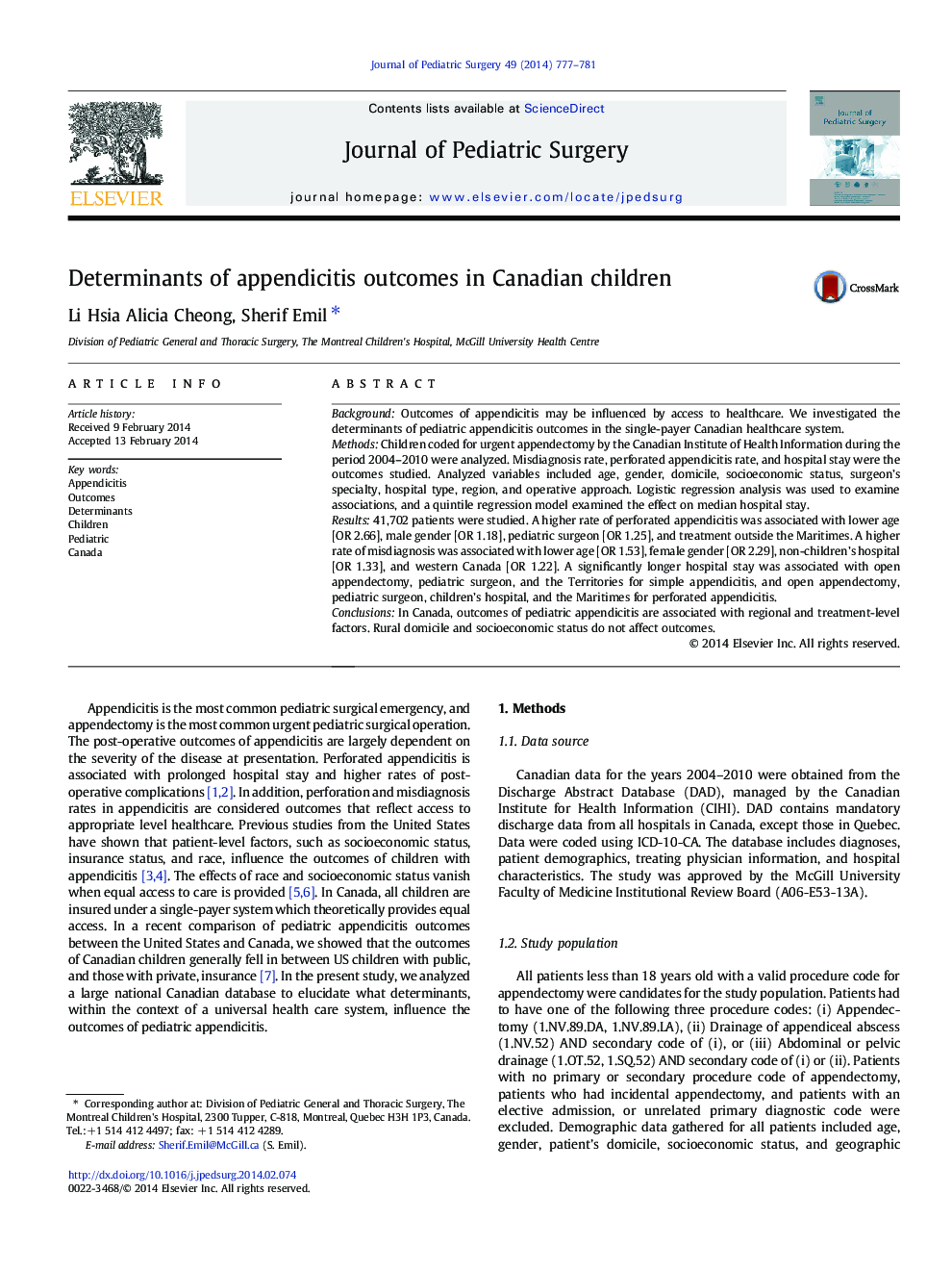 Determinants of appendicitis outcomes in Canadian children