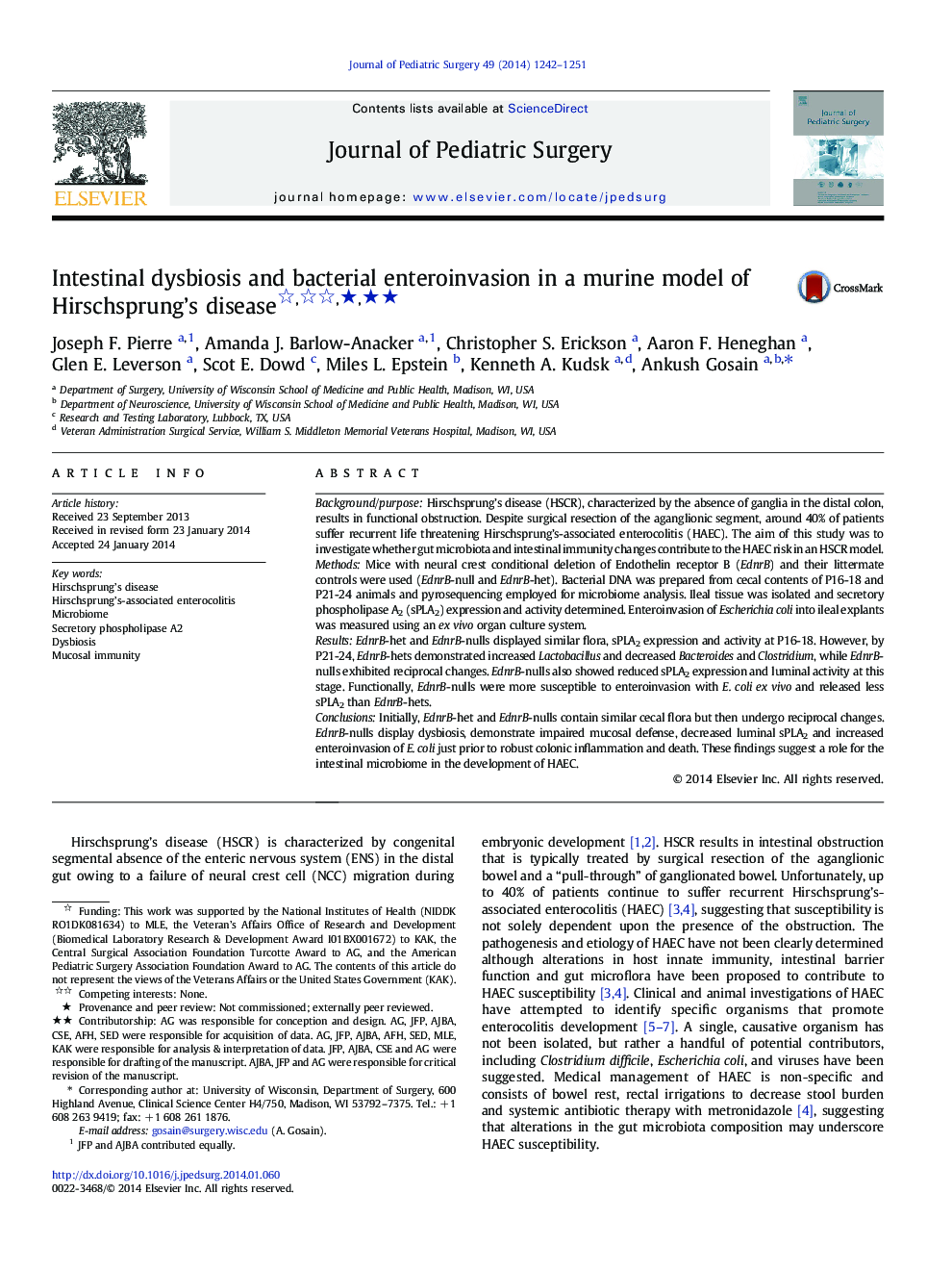 Intestinal dysbiosis and bacterial enteroinvasion in a murine model of Hirschsprung’s disease ★★★