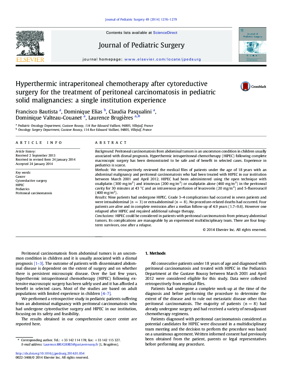 Hyperthermic intraperitoneal chemotherapy after cytoreductive surgery for the treatment of peritoneal carcinomatosis in pediatric solid malignancies: a single institution experience