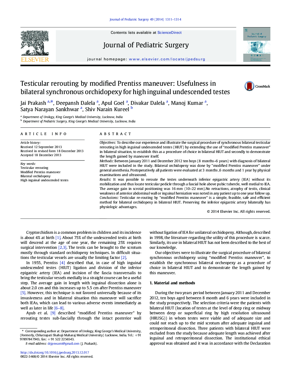 Testicular rerouting by modified Prentiss maneuver: Usefulness in bilateral synchronous orchidopexy for high inguinal undescended testes