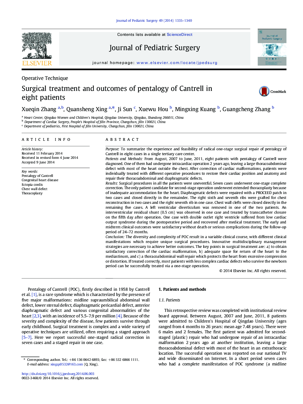 Surgical treatment and outcomes of pentalogy of Cantrell in eight patients