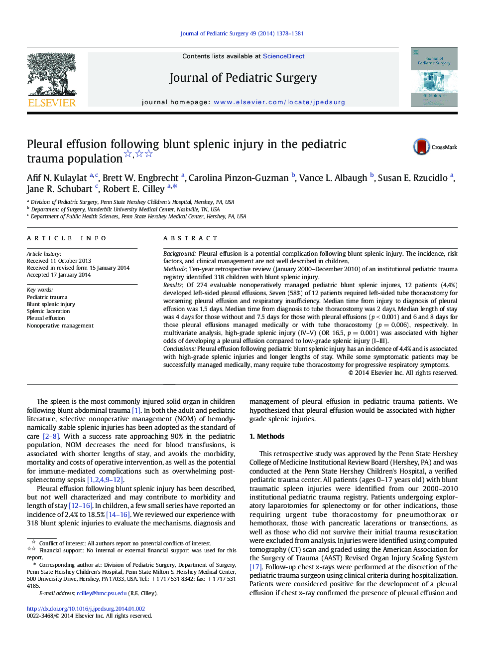 Pleural effusion following blunt splenic injury in the pediatric trauma population 