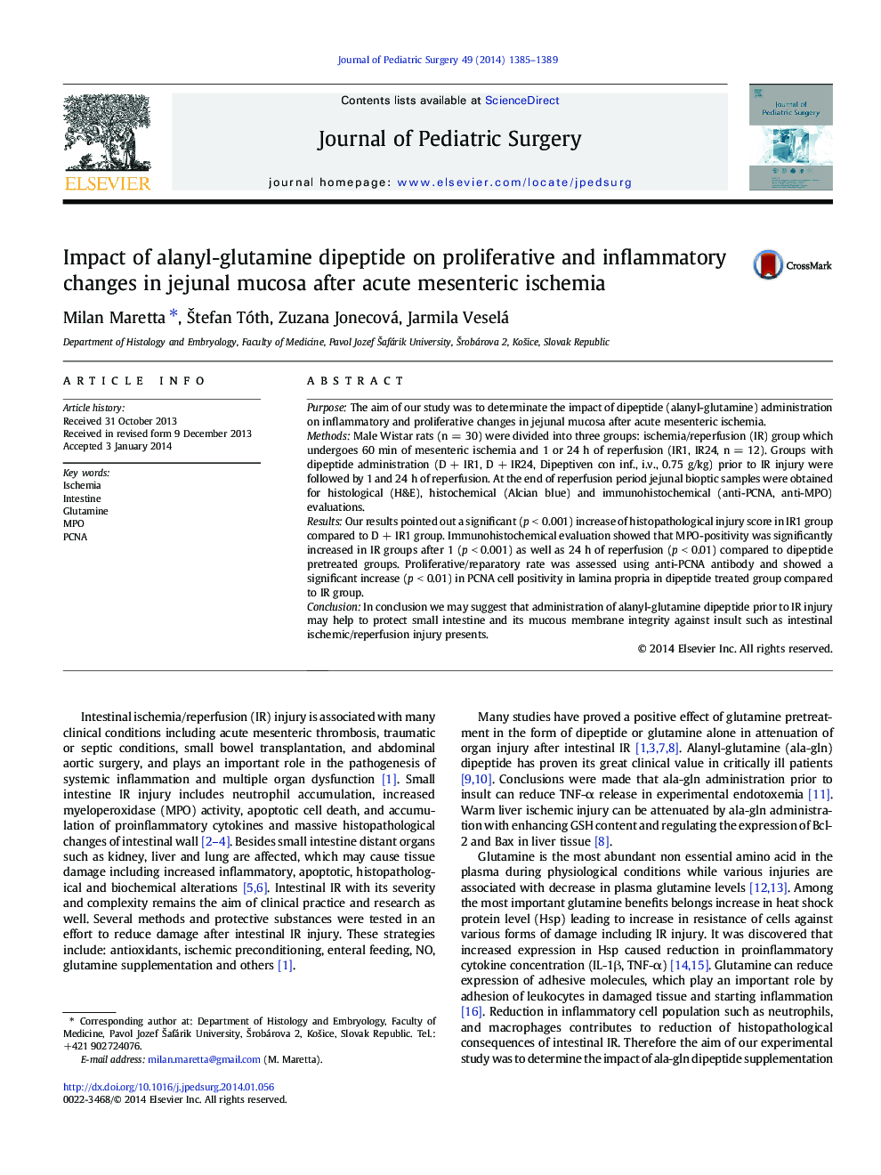 Impact of alanyl-glutamine dipeptide on proliferative and inflammatory changes in jejunal mucosa after acute mesenteric ischemia