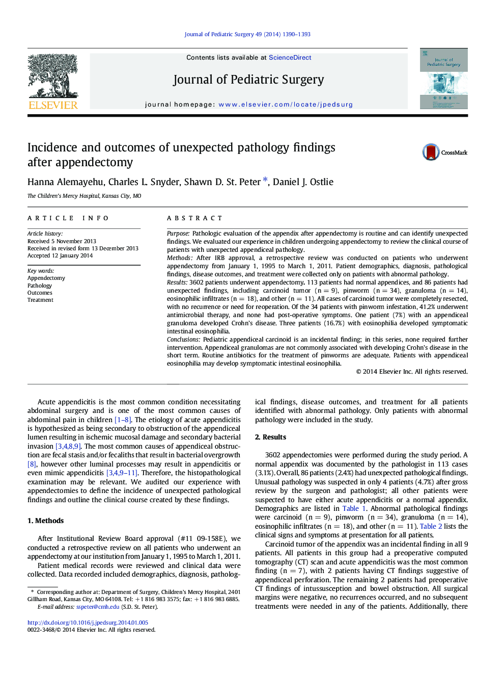 Incidence and outcomes of unexpected pathology findings after appendectomy