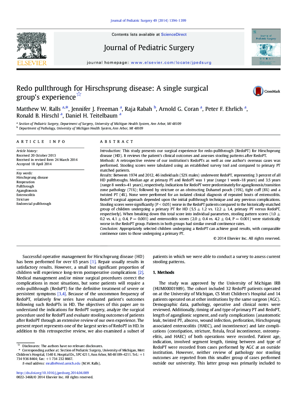 Redo pullthrough for Hirschsprung disease: A single surgical group's experience 