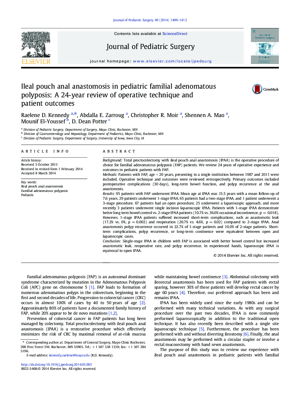 Ileal pouch anal anastomosis in pediatric familial adenomatous polyposis: A 24-year review of operative technique and patient outcomes