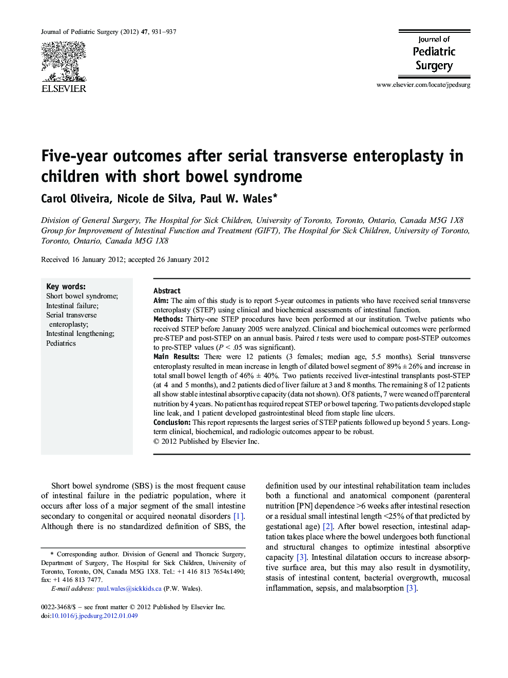 Five-year outcomes after serial transverse enteroplasty in children with short bowel syndrome