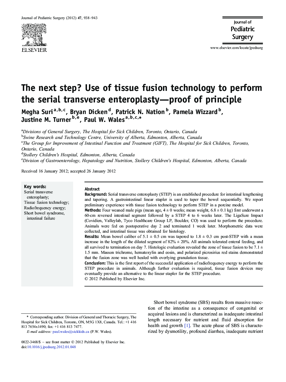 The next step? Use of tissue fusion technology to perform the serial transverse enteroplasty-proof of principle