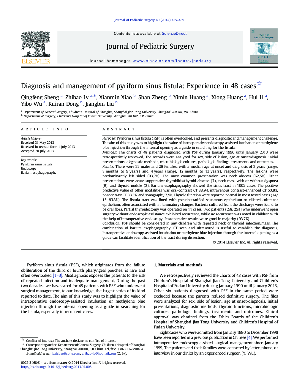 Diagnosis and management of pyriform sinus fistula: Experience in 48 cases 