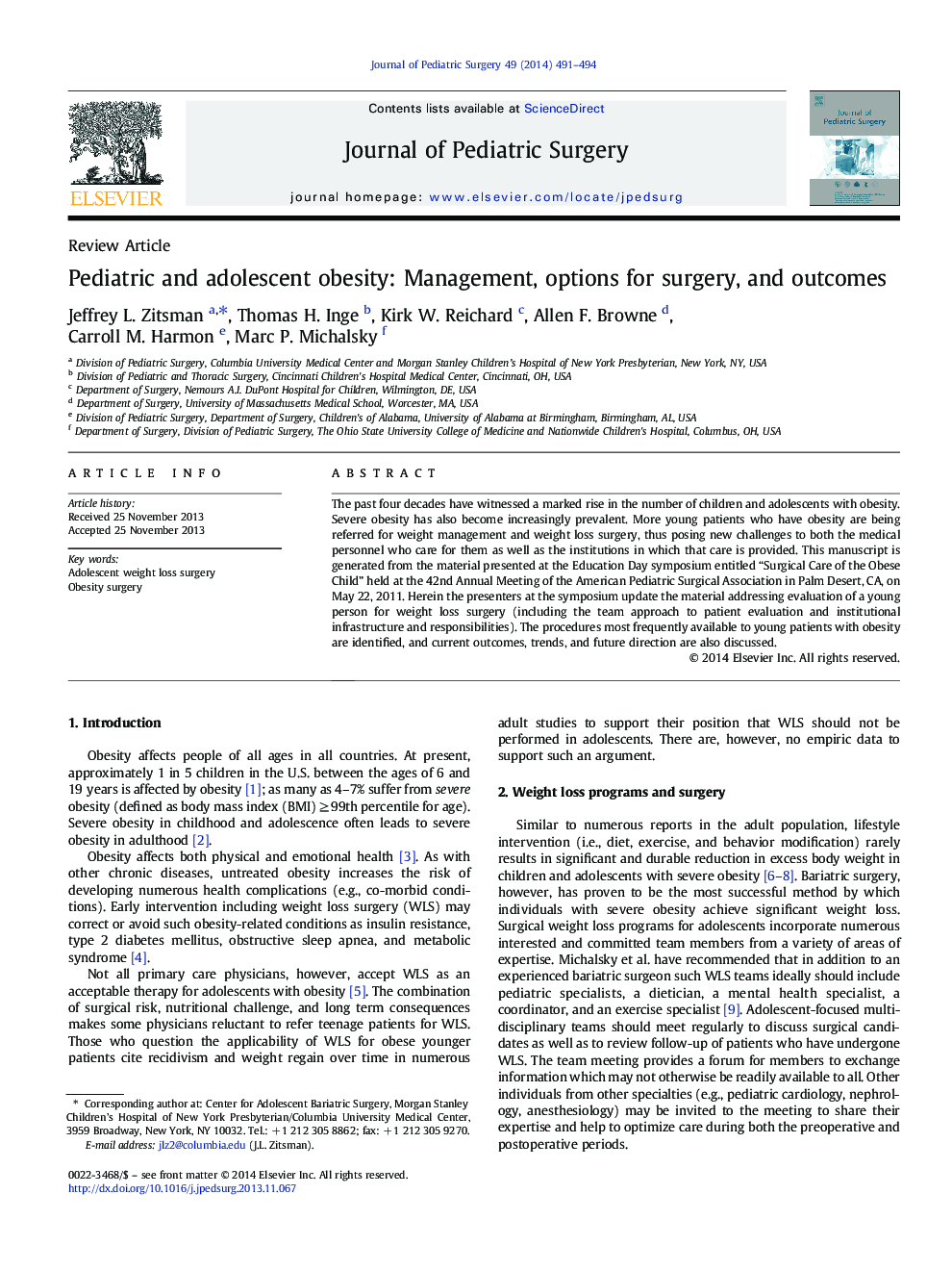 Pediatric and adolescent obesity: Management, options for surgery, and outcomes