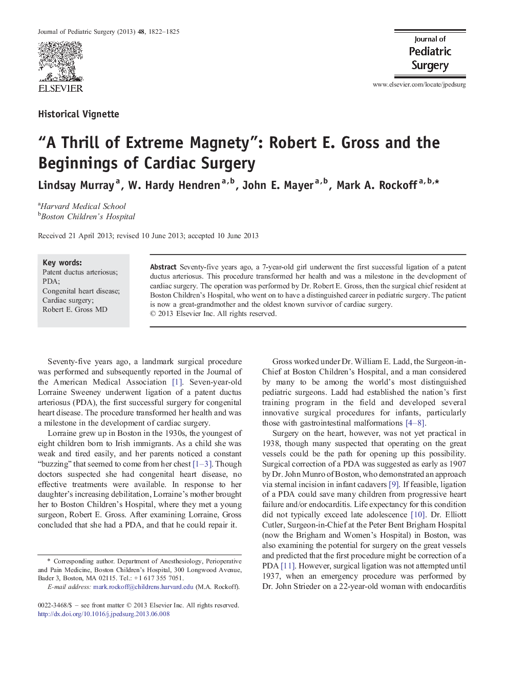 “A Thrill of Extreme Magnety”: Robert E. Gross and the Beginnings of Cardiac Surgery