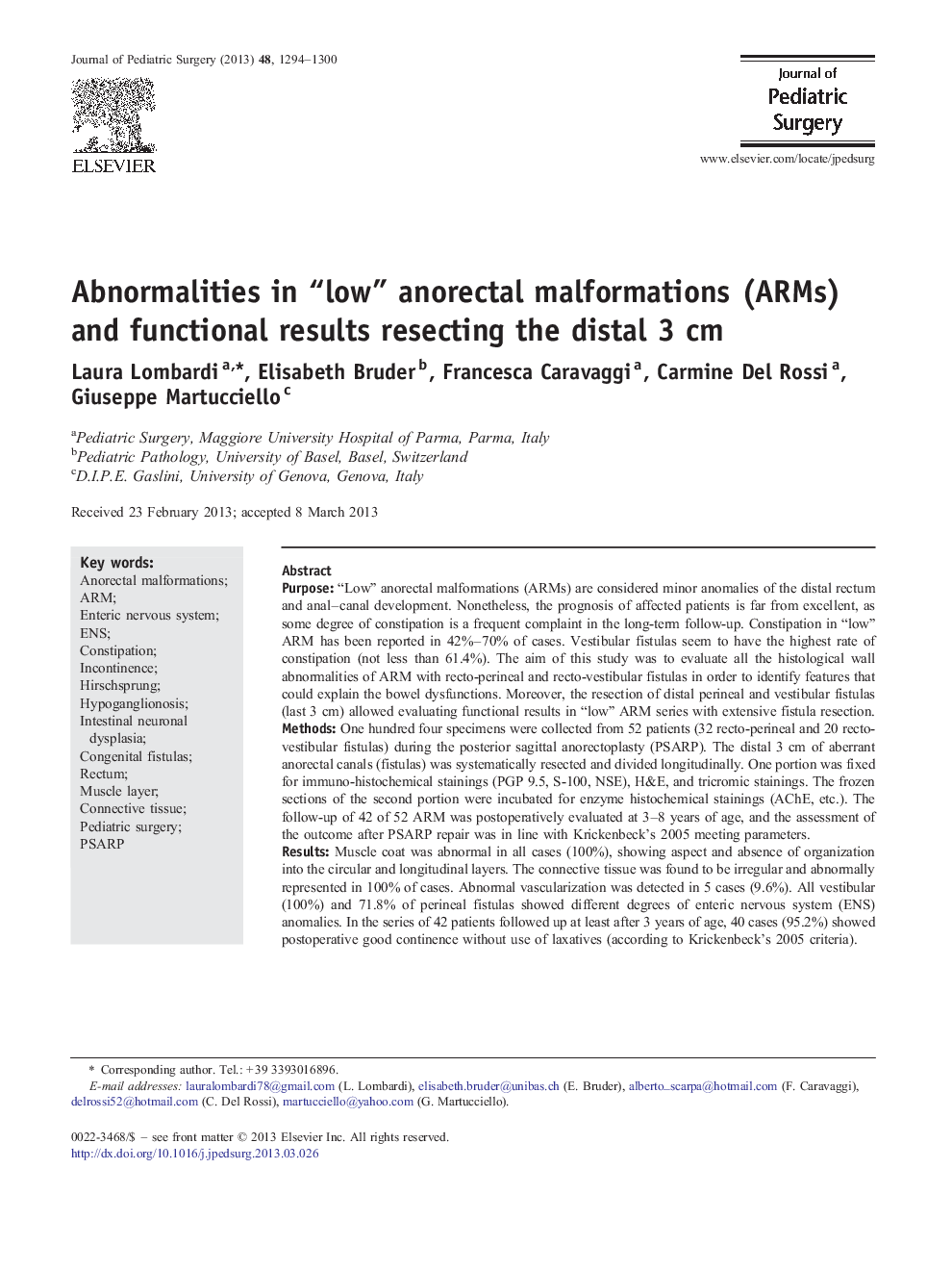 Abnormalities in “low” anorectal malformations (ARMs) and functional results resecting the distal 3 cm