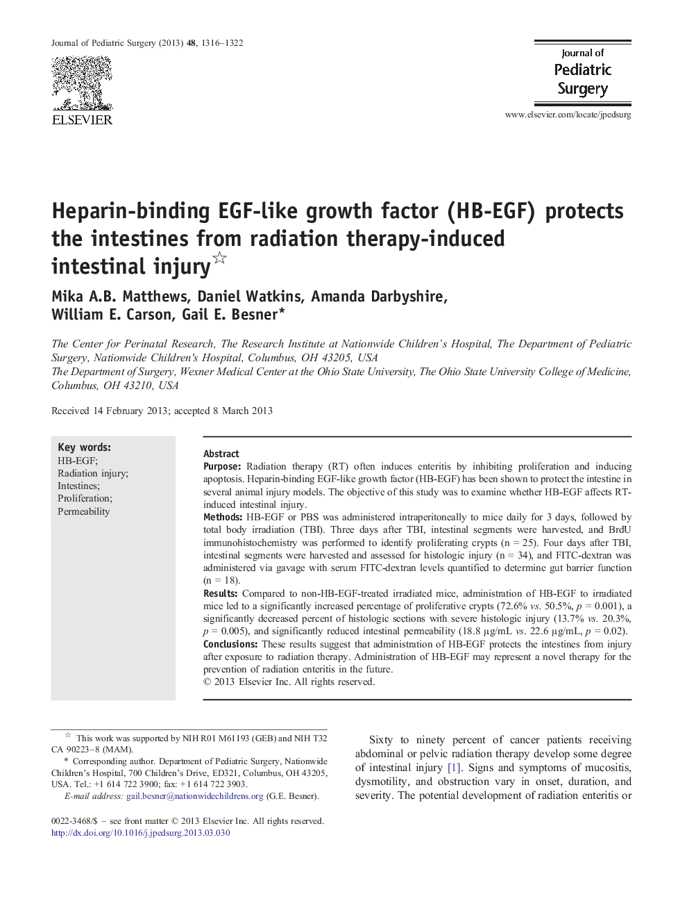 Heparin-binding EGF-like growth factor (HB-EGF) protects the intestines from radiation therapy-induced intestinal injury 