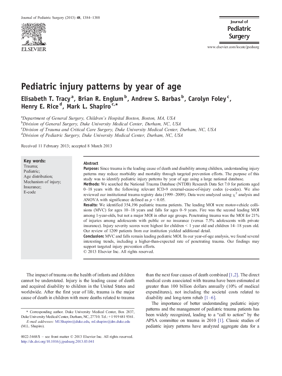 Pediatric injury patterns by year of age