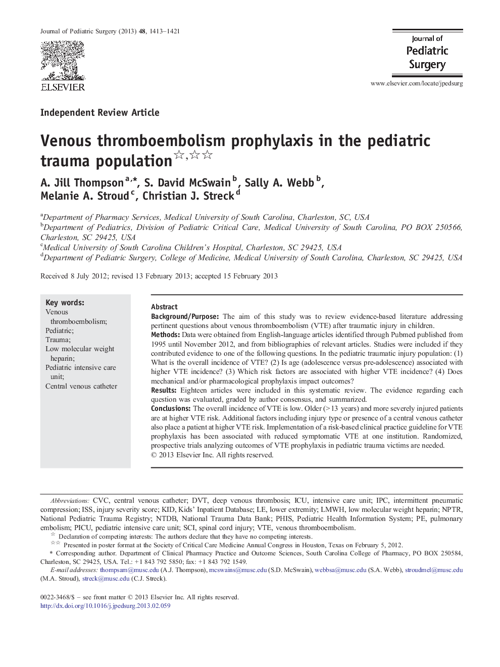 Venous thromboembolism prophylaxis in the pediatric trauma population 