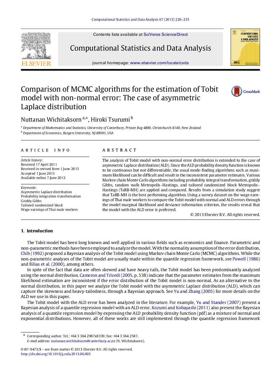 Comparison of MCMC algorithms for the estimation of Tobit model with non-normal error: The case of asymmetric Laplace distribution