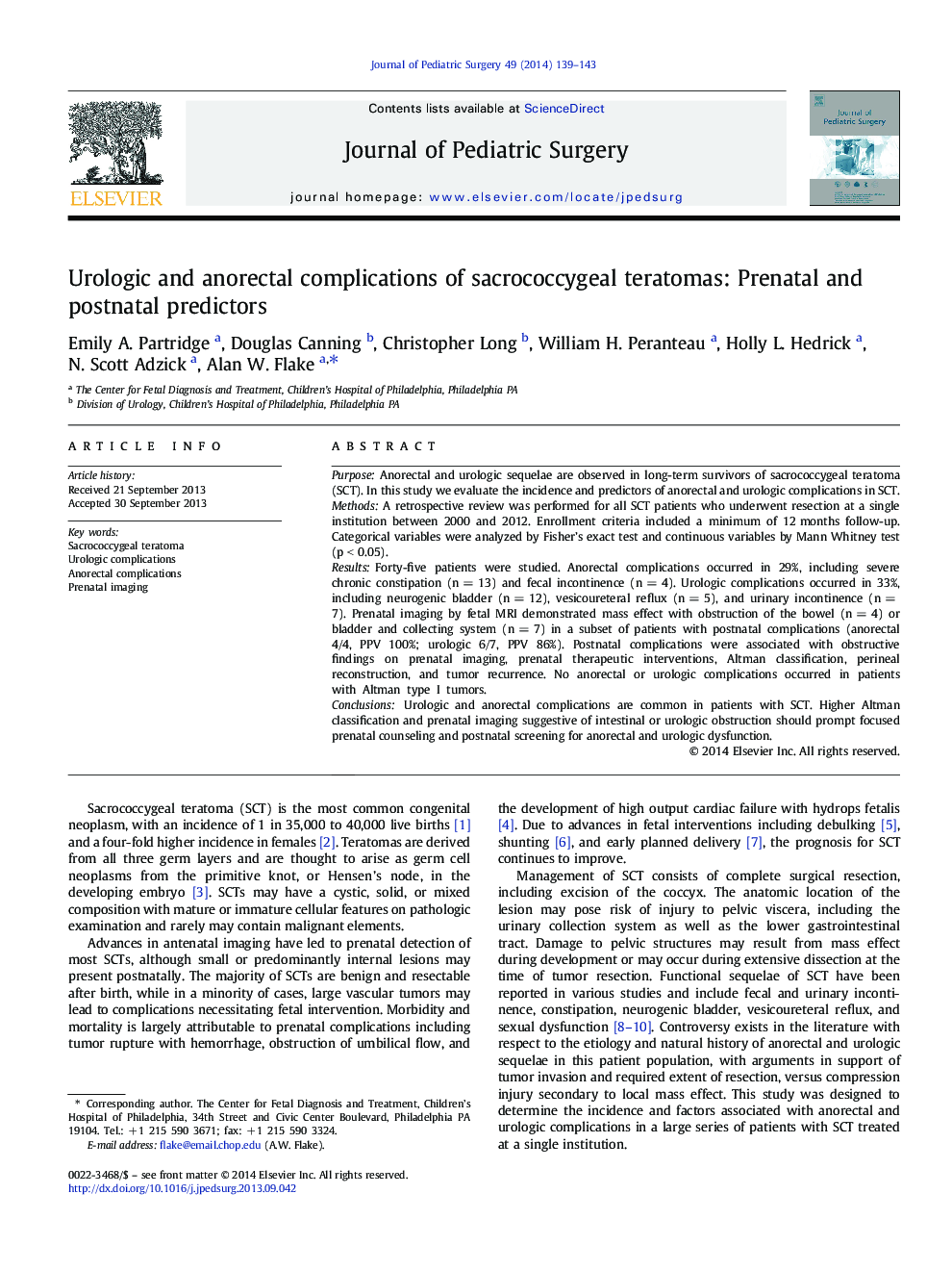 Urologic and anorectal complications of sacrococcygeal teratomas: Prenatal and postnatal predictors