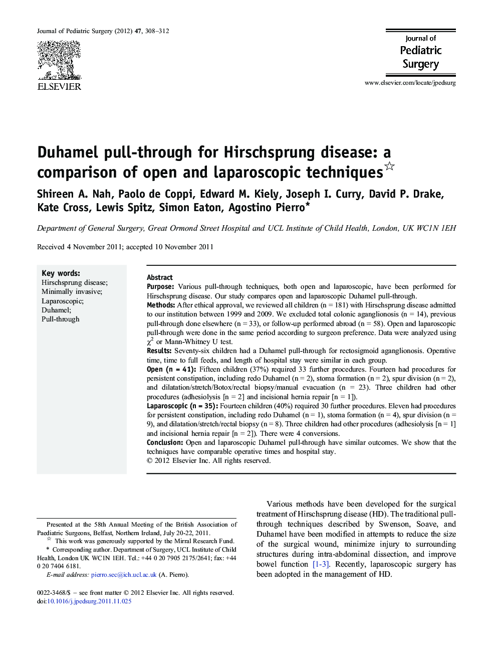 Duhamel pull-through for Hirschsprung disease: a comparison of open and laparoscopic techniques 