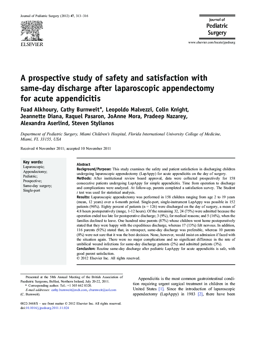 A prospective study of safety and satisfaction with same-day discharge after laparoscopic appendectomy for acute appendicitis 