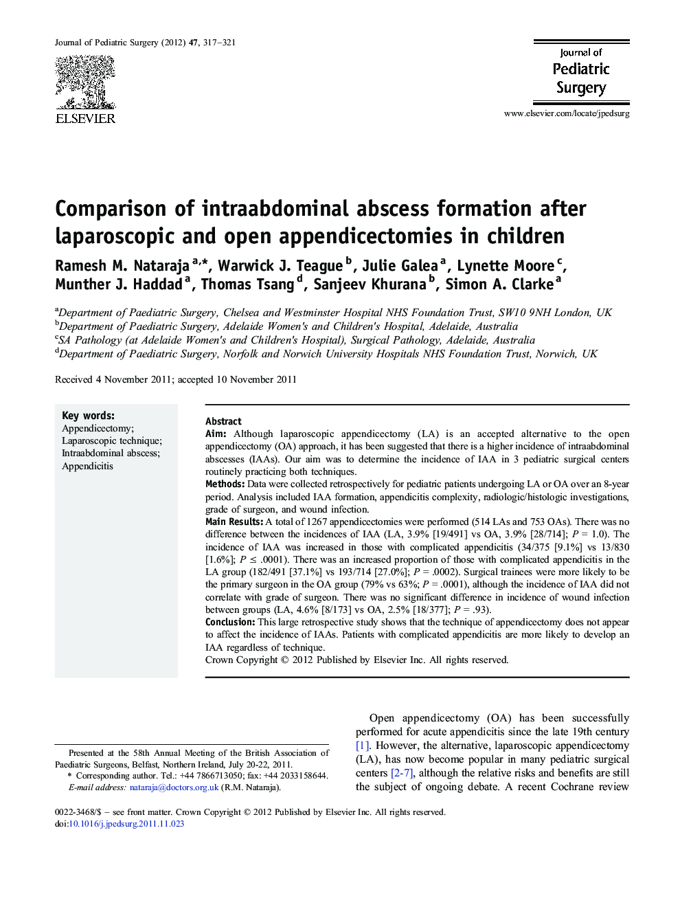 Comparison of intraabdominal abscess formation after laparoscopic and open appendicectomies in children 