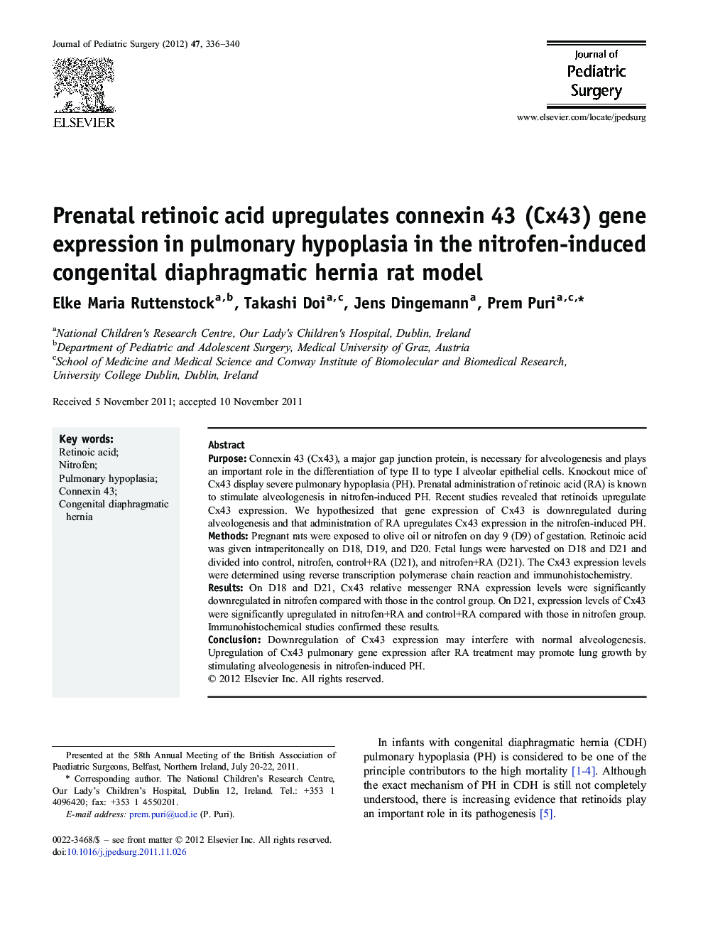 Prenatal retinoic acid upregulates connexin 43 (Cx43) gene expression in pulmonary hypoplasia in the nitrofen-induced congenital diaphragmatic hernia rat model 