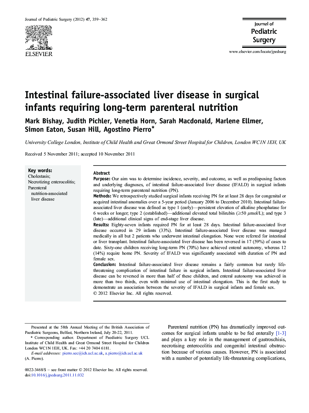 Intestinal failure-associated liver disease in surgical infants requiring long-term parenteral nutrition 