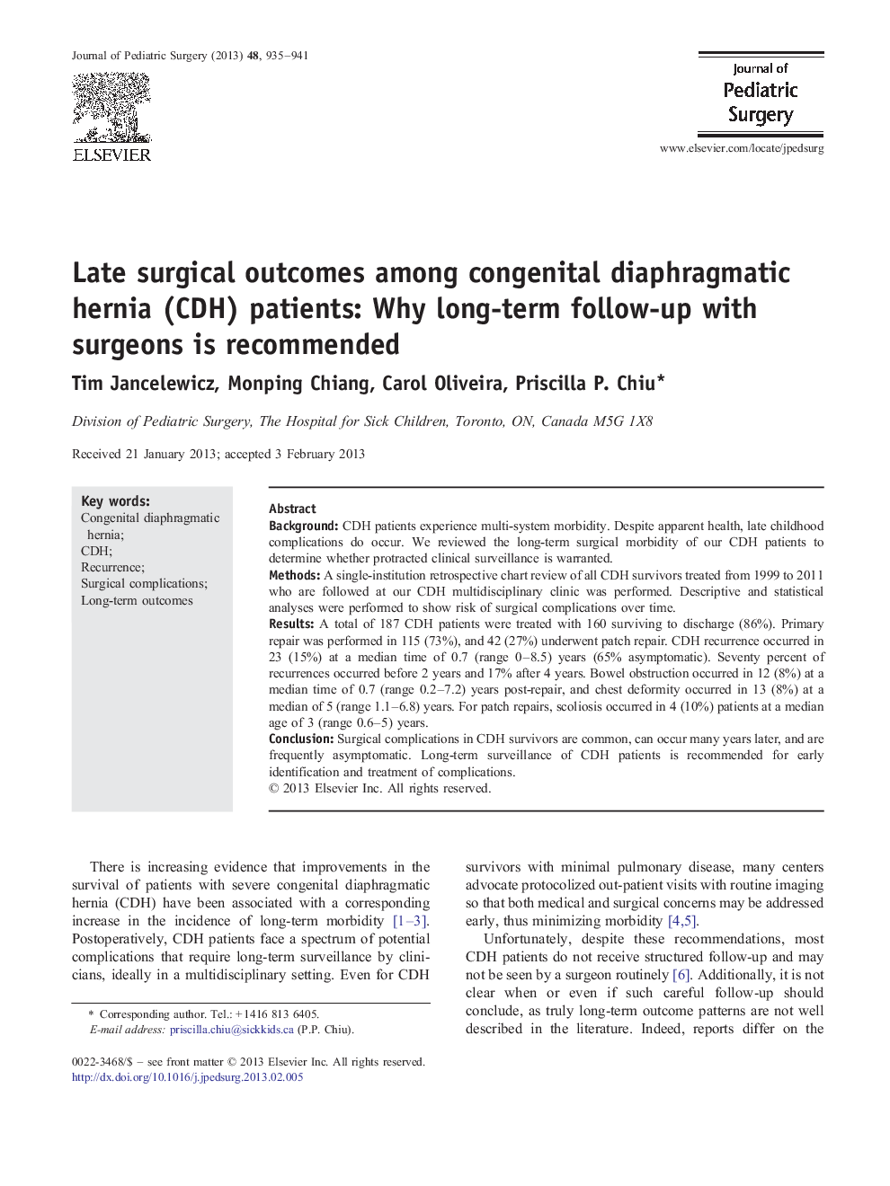 Late surgical outcomes among congenital diaphragmatic hernia (CDH) patients: Why long-term follow-up with surgeons is recommended